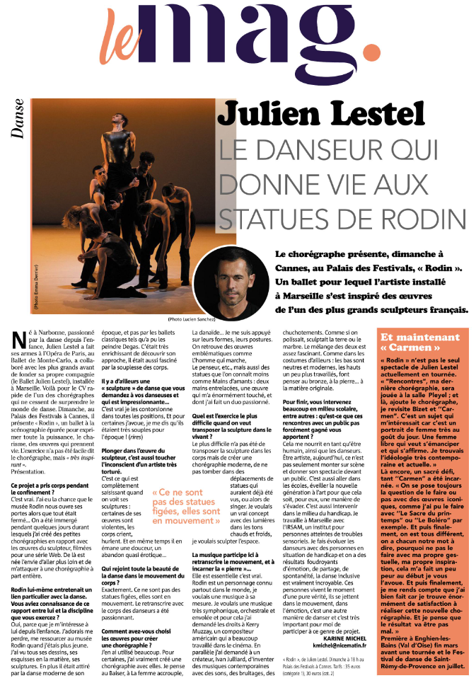 2024 12 janvier Nice Matin Julien Lestel le danseur qui donne vie aux statues de Rodin